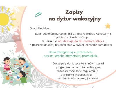 Dyżur wakacyjny przedszkoli w naszej gminie